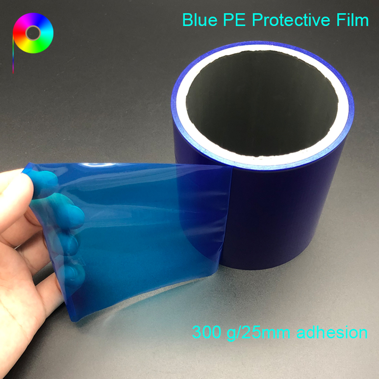 300 g per 25mm adhesion blue protective film 65micron 300 g/25mm High Adhesion Transparent and Blue Color PE Protective Plastic Film