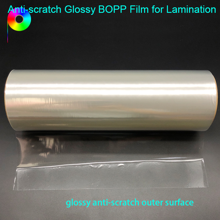 glossy anti-scratch outer surface 18micron Anti-Scratch Glossy BOPP Film for Prints Lamination by Wet or Dry Lamination