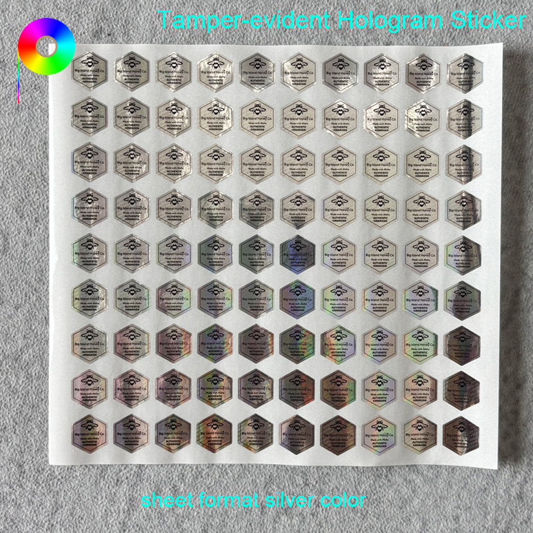 sheet format silver color beehive  tamper evident hologram sticker Black Printed Foreground Regular Hexagon Shape Beehive Hologram Sticker