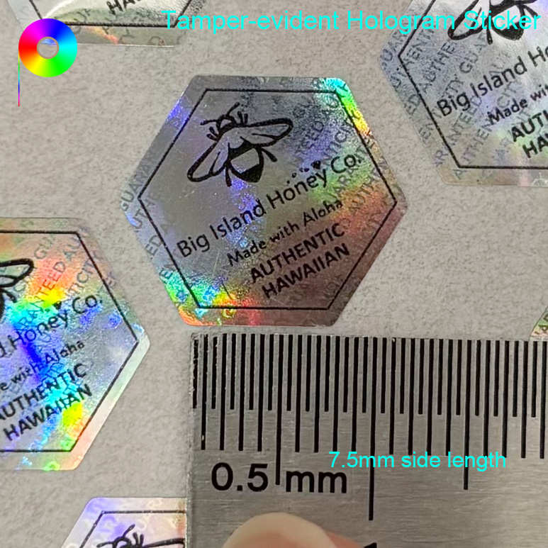 7.5mm side length regular hexagon beehive  tamper evident hologram sticker Black Printed Foreground Regular Hexagon Shape Beehive Hologram Sticker