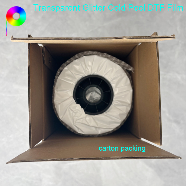 glitter dtf film carton packing 60cm Cold Peel Glitter DTF Transfer Film Roll for Custom Garments