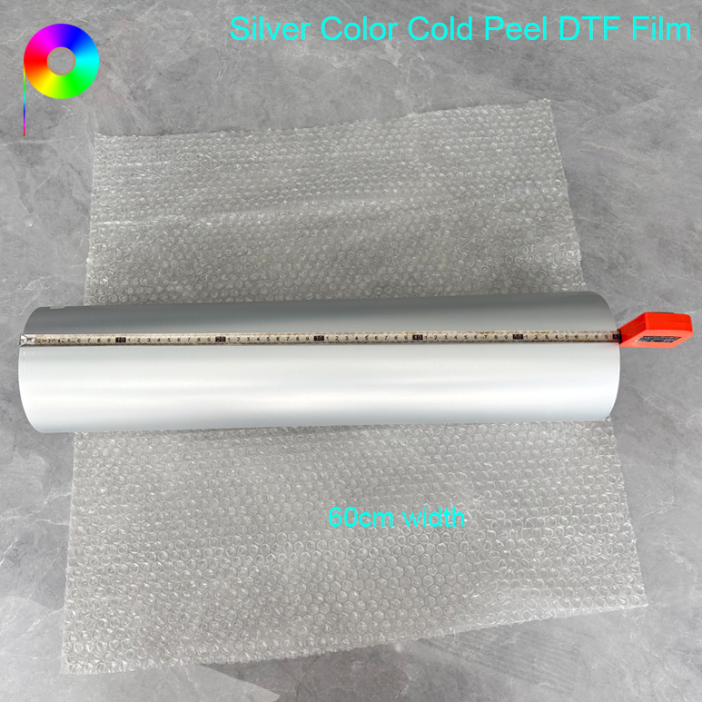 60cm width silver DTF film Single Side Matte Cold Peel Silver Color DTF Film 60cm for Custom Apparel