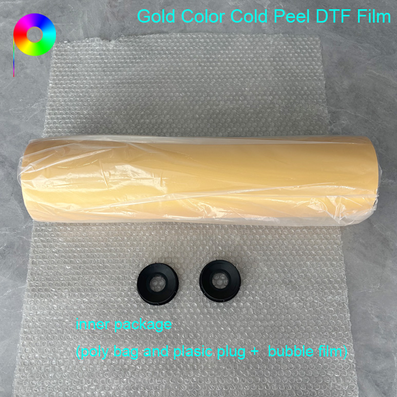 gold color DTF film inner package 60cm Cold Peel Glossy Base Film Gold DTF Film For Textile Heat Transfer